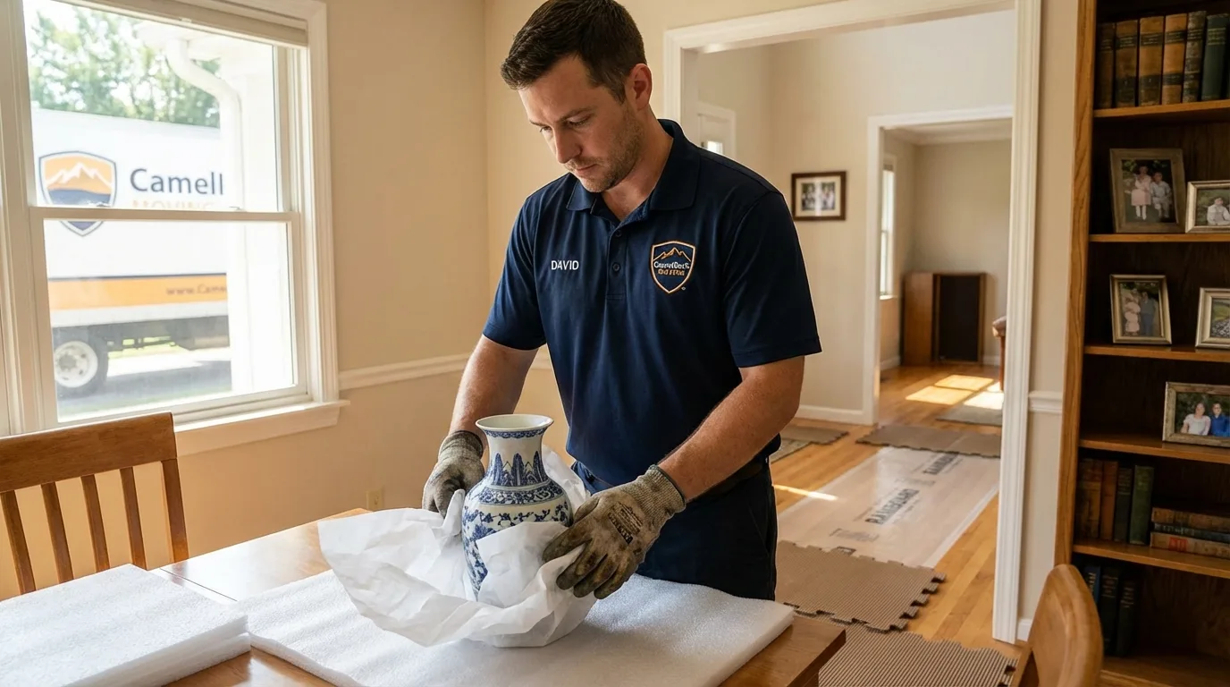 Professional crew carefully wrapping antique vase for senior downsizing move in Walton, KY